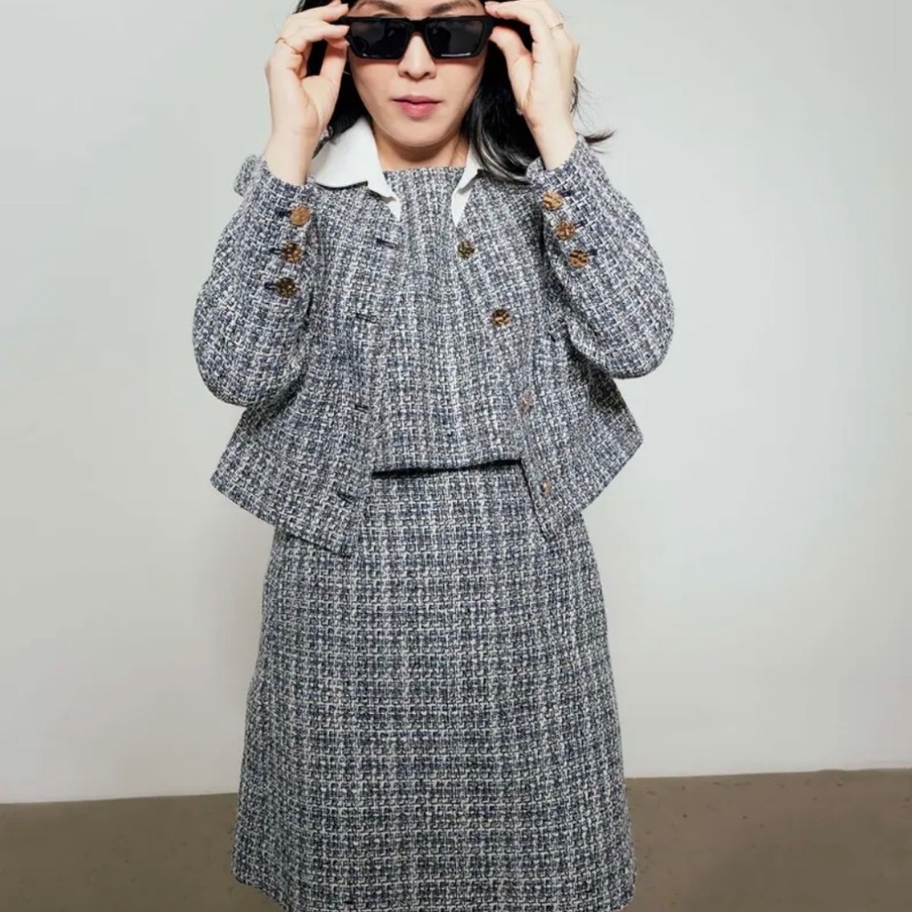 Love Bonito Tweed Blazer Jacket and Skirt Set - Slate Blue XS